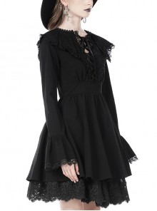 Gothic Style Unique Lace Bat Collar Design Retro Trumpet Sleeves Black Slim Pleated Dress