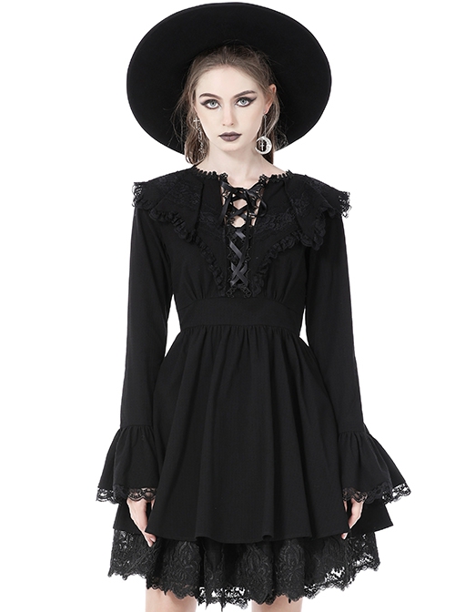 Gothic Style Unique Lace Bat Collar Design Retro Trumpet Sleeves Black Slim Pleated Dress