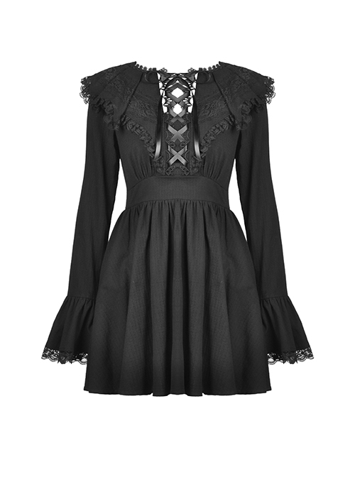 Gothic Style Unique Lace Bat Collar Design Retro Trumpet Sleeves Black Slim Pleated Dress
