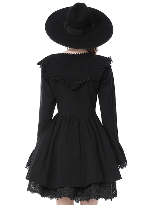 Gothic Style Unique Lace Bat Collar Design Retro Trumpet Sleeves Black Slim Pleated Dress