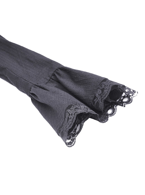 Gothic Style Unique Lace Bat Collar Design Retro Trumpet Sleeves Black Slim Pleated Dress