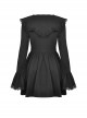 Gothic Style Unique Lace Bat Collar Design Retro Trumpet Sleeves Black Slim Pleated Dress