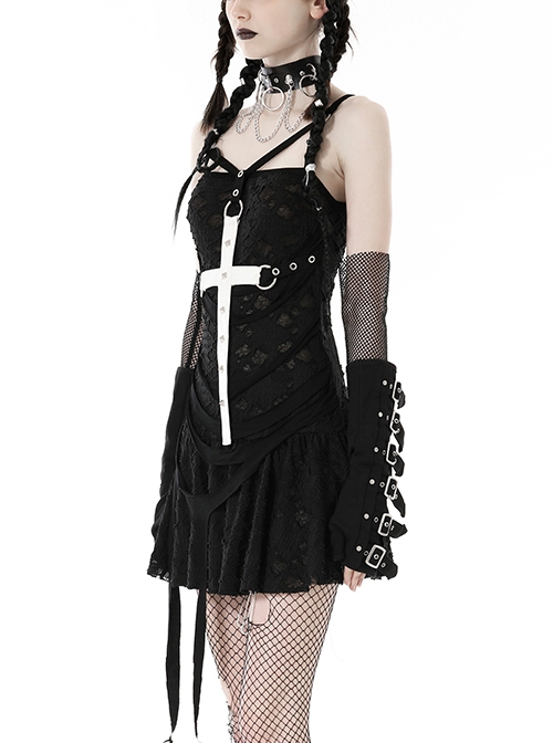 Gothic Style Ripped Hole Design White Cross Cool Rivet Decoration Black Suspender Slim Mini Dress