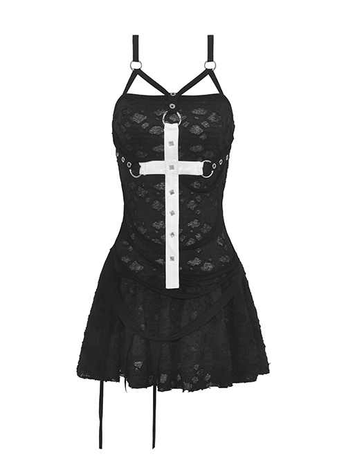 Gothic Style Ripped Hole Design White Cross Cool Rivet Decoration Black Suspender Slim Mini Dress