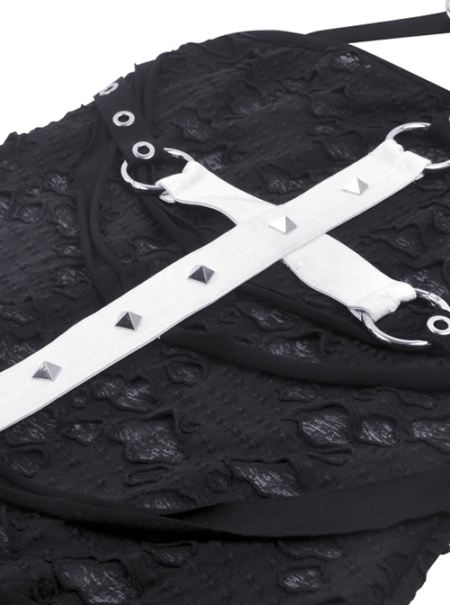 Gothic Style Ripped Hole Design White Cross Cool Rivet Decoration Black Suspender Slim Mini Dress