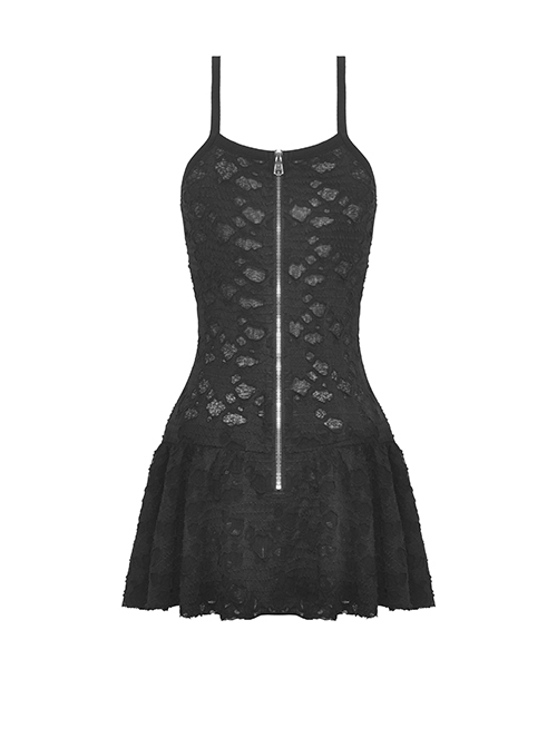 Gothic Style Ripped Hole Design White Cross Cool Rivet Decoration Black Suspender Slim Mini Dress