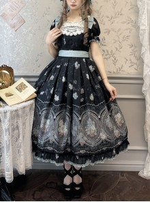 Night Rose Series Petal Edge Lace Bowknot Palace Style Gorgeous Elegant Flower Print Puff Sleeve Classic Lolita Long Dress