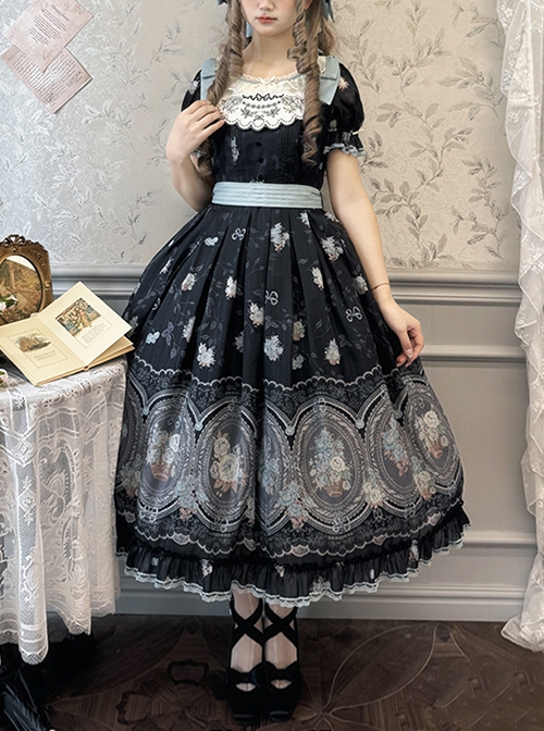 Night Rose Series Petal Edge Lace Bowknot Palace Style Gorgeous Elegant Flower Print Puff Sleeve Classic Lolita Long Dress