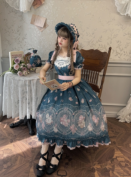 Night Rose Series Petal Edge Lace Bowknot Palace Style Gorgeous Elegant Flower Print Puff Sleeve Classic Lolita Long Dress