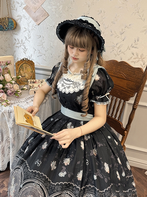 Night Rose Series Petal Edge Lace Bowknot Palace Style Gorgeous Elegant Flower Print Puff Sleeve Classic Lolita Long Dress