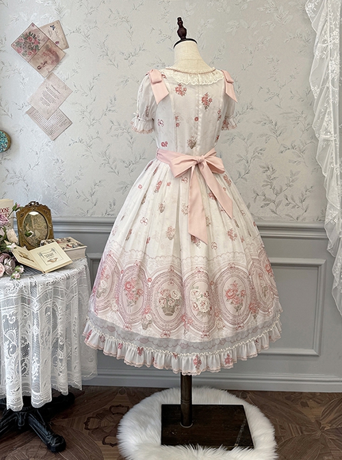 Night Rose Series Petal Edge Lace Bowknot Palace Style Gorgeous Elegant Flower Print Puff Sleeve Classic Lolita Long Dress