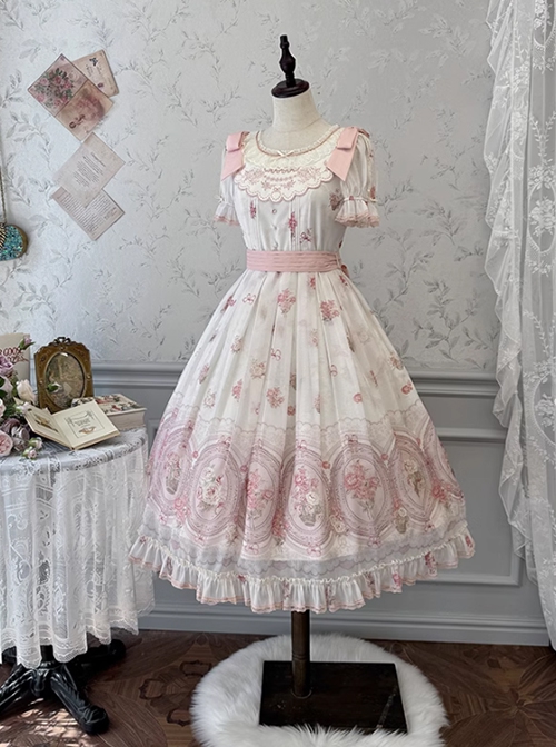 Night Rose Series Petal Edge Lace Bowknot Palace Style Gorgeous Elegant Flower Print Puff Sleeve Classic Lolita Long Dress