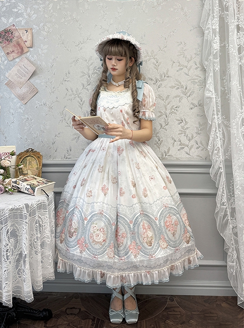 Night Rose Series Petal Edge Lace Bowknot Palace Style Gorgeous Elegant Flower Print Puff Sleeve Classic Lolita Long Dress