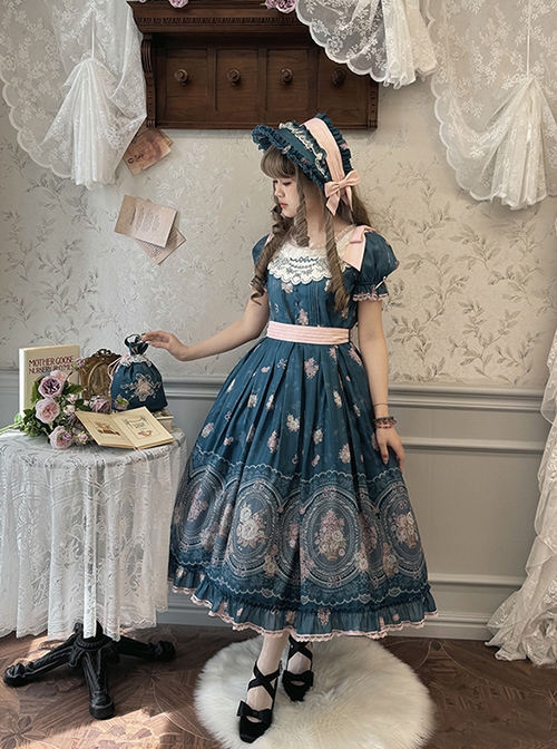 Night Rose Series Petal Edge Lace Bowknot Palace Style Gorgeous Elegant Flower Print Puff Sleeve Classic Lolita Long Dress