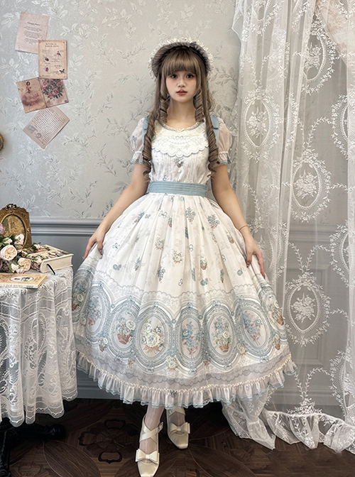 Night Rose Series Petal Edge Lace Bowknot Palace Style Gorgeous Elegant Flower Print Puff Sleeve Classic Lolita Long Dress