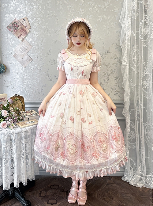 Night Rose Series Petal Edge Lace Bowknot Palace Style Gorgeous Elegant Flower Print Puff Sleeve Classic Lolita Long Dress