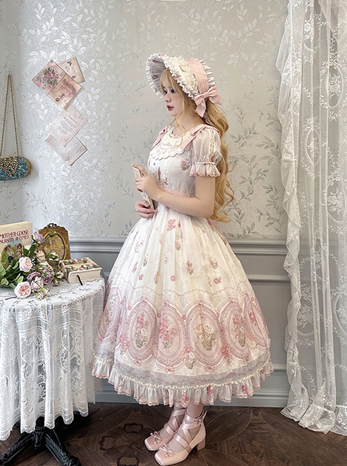 Night Rose Series Petal Edge Lace Bowknot Palace Style Gorgeous Elegant Flower Print Puff Sleeve Classic Lolita Long Dress