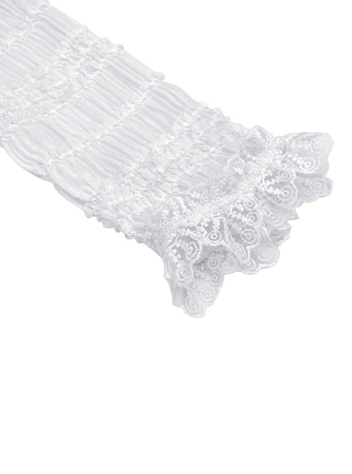 Gothic Style Unique Lace Coffin Shaped Lapels Angelic Ruffled White Long Puff Sleeves Elegant Cake Dress