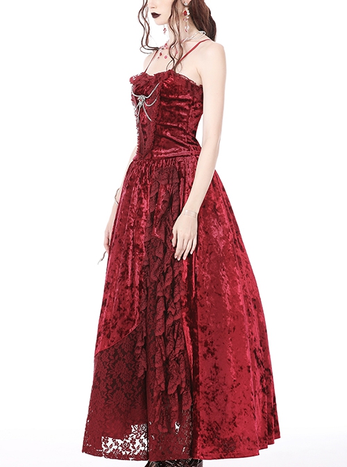 Gothic Style Blood Rose Velvet Metal Breast Chain Decoration Elegant Red Maxi Suspender Dress