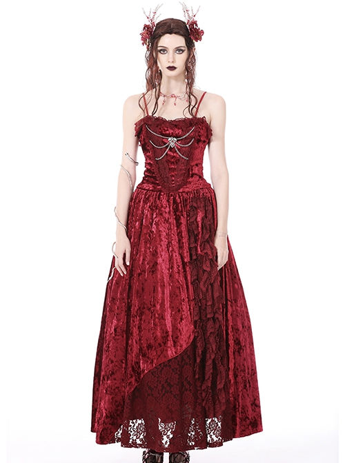 Gothic Style Blood Rose Velvet Metal Breast Chain Decoration Elegant Red Maxi Suspender Dress
