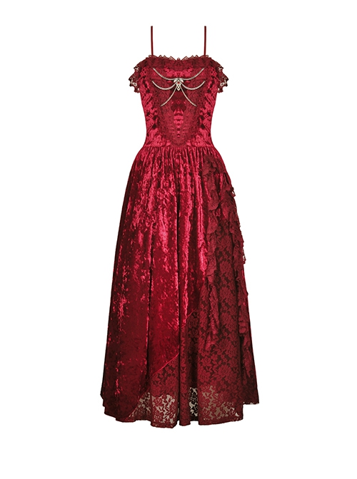 Gothic Style Blood Rose Velvet Metal Breast Chain Decoration Elegant Red Maxi Suspender Dress