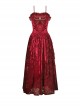 Gothic Style Blood Rose Velvet Metal Breast Chain Decoration Elegant Red Maxi Suspender Dress