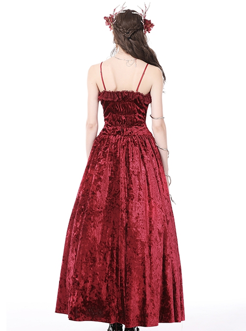 Gothic Style Blood Rose Velvet Metal Breast Chain Decoration Elegant Red Maxi Suspender Dress
