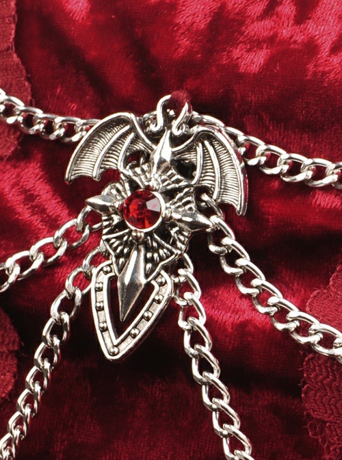 Gothic Style Blood Rose Velvet Metal Breast Chain Decoration Elegant Red Maxi Suspender Dress