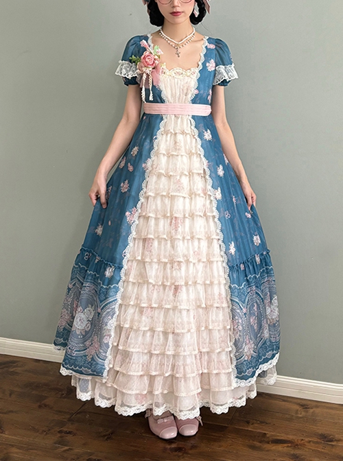 Night Rose Series Open Placket Ruffle Retro Elegant Flower Print Puff Sleeve Classic Lolita Palace Style Long Empire Dress