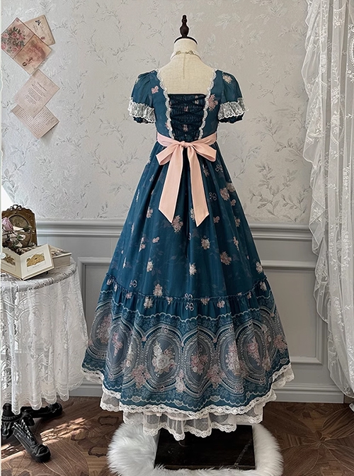 Night Rose Series Open Placket Ruffle Retro Elegant Flower Print Puff Sleeve Classic Lolita Palace Style Long Empire Dress