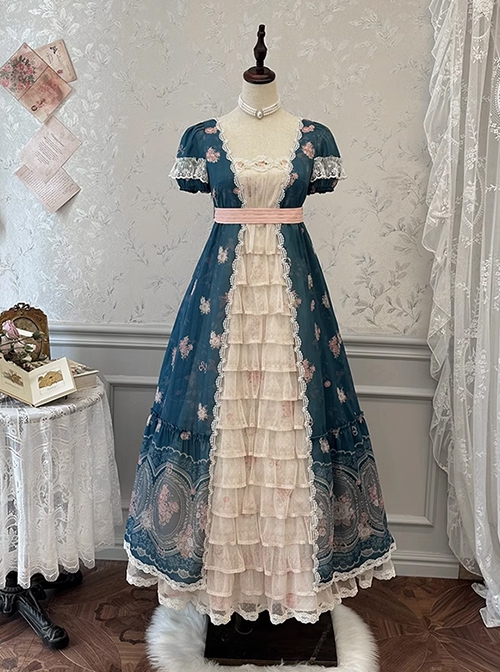 Night Rose Series Open Placket Ruffle Retro Elegant Flower Print Puff Sleeve Classic Lolita Palace Style Long Empire Dress