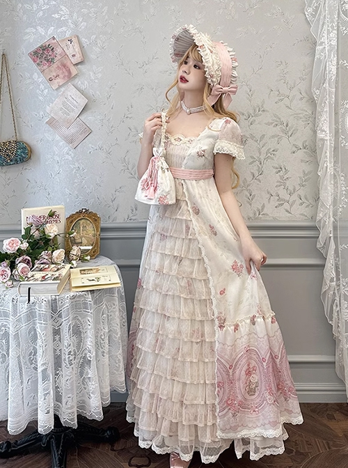 Night Rose Series Open Placket Ruffle Retro Elegant Flower Print Puff Sleeve Classic Lolita Palace Style Long Empire Dress