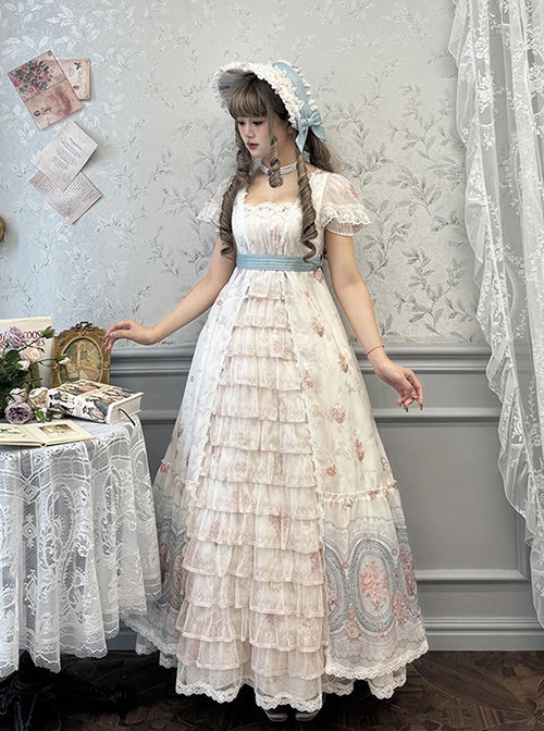 Night Rose Series Open Placket Ruffle Retro Elegant Flower Print Puff Sleeve Classic Lolita Palace Style Long Empire Dress