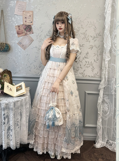 Night Rose Series Open Placket Ruffle Retro Elegant Flower Print Puff Sleeve Classic Lolita Palace Style Long Empire Dress