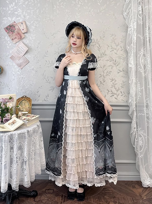 Night Rose Series Open Placket Ruffle Retro Elegant Flower Print Puff Sleeve Classic Lolita Palace Style Long Empire Dress