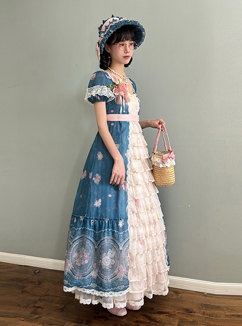 Night Rose Series Open Placket Ruffle Retro Elegant Flower Print Puff Sleeve Classic Lolita Palace Style Long Empire Dress