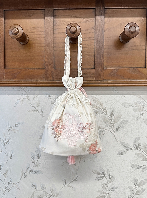 Night Rose Series Lace Retro Elegant Flower Print Classic Lolita Tassel Rope Embroidered Tote Bag