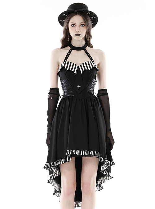 Punk Style Tie With Cross Decoration Striped Neckline  Waist Strap Black Sexy Halter Neck Backless Dress