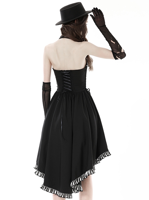Punk Style Tie With Cross Decoration Striped Neckline  Waist Strap Black Sexy Halter Neck Backless Dress