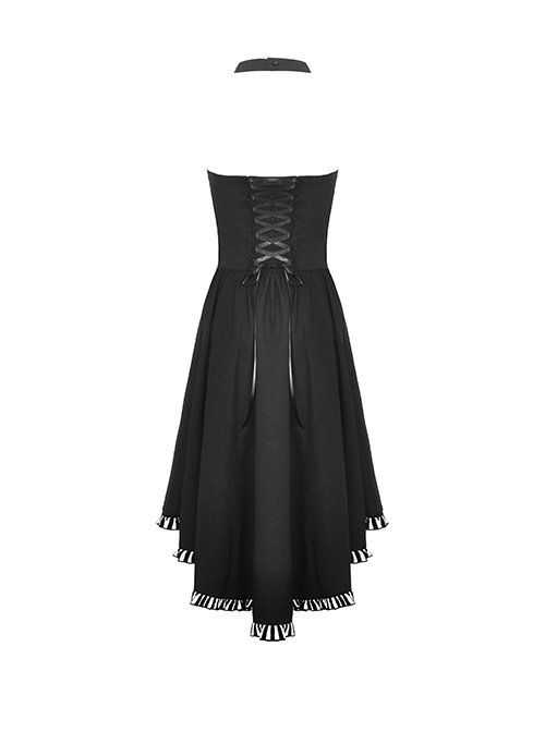 Punk Style Tie With Cross Decoration Striped Neckline  Waist Strap Black Sexy Halter Neck Backless Dress