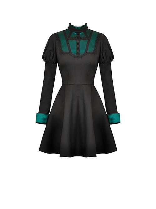 Gothic Style Elegant Stand Collar Cross Lace Green Pleated Tail Retro Black Puff Sleeves Dress