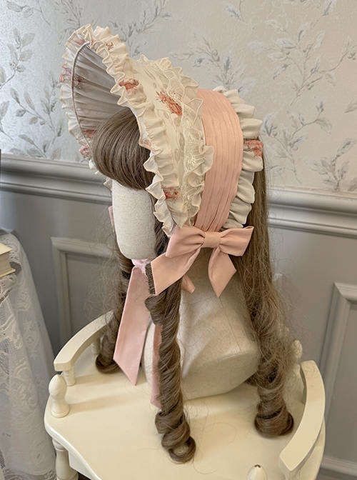 Night Rose Series Lace Ruffle Ribbon Bowknot Retro Elegant Classic Lolita  Flower Wall Print Headgear Bonnet