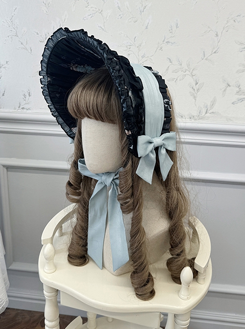 Night Rose Series Lace Ruffle Ribbon Bowknot Retro Elegant Classic Lolita  Flower Wall Print Headgear Bonnet