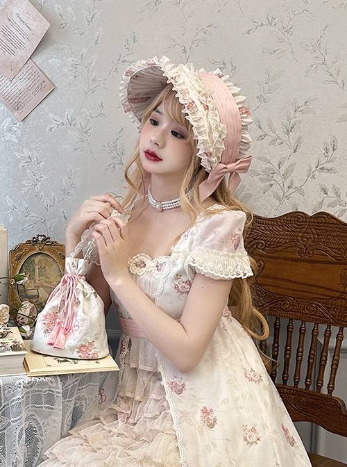 Night Rose Series Lace Ruffle Ribbon Bowknot Retro Elegant Classic Lolita  Flower Wall Print Headgear Bonnet