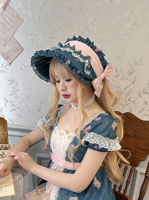 Night Rose Series Lace Ruffle Ribbon Bowknot Retro Elegant Classic Lolita  Flower Wall Print Headgear Bonnet
