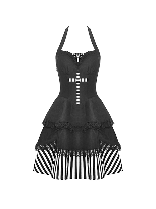 Gothic Style Unique Striped Cross Decoration Sexy Black Halter Neck Suspender Backless Short Dress