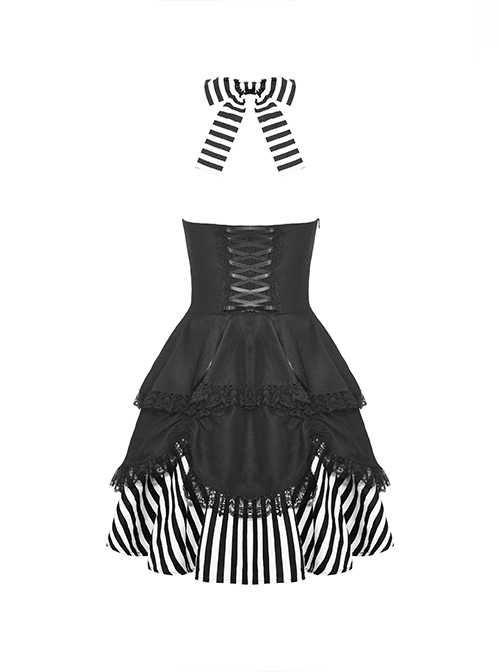 Gothic Style Unique Striped Cross Decoration Sexy Black Halter Neck Suspender Backless Short Dress