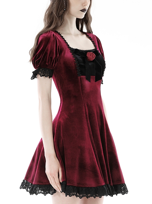 Gothic Style Romantic Velvet Rose Brooch Lace Stitching Burgundy Retro Puff Sleeves Slim Dress