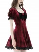 Gothic Style Romantic Velvet Rose Brooch Lace Stitching Burgundy Retro Puff Sleeves Slim Dress