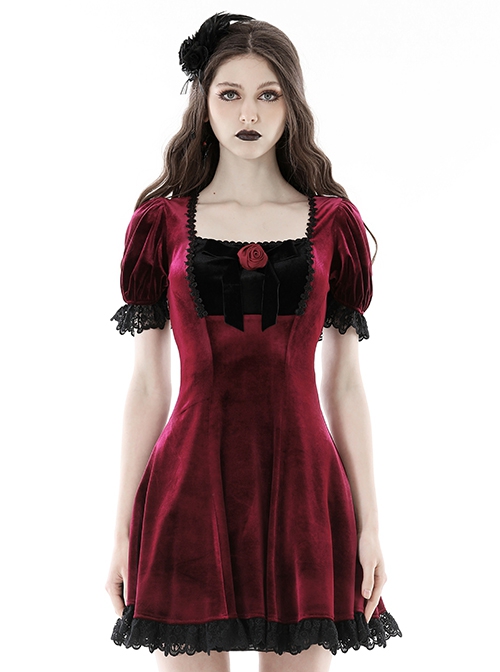 Gothic Style Romantic Velvet Rose Brooch Lace Stitching Burgundy Retro Puff Sleeves Slim Dress